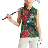 Tui Meri Kirihimete Personalised Women Sleeveless Polo Shirt Pohutukawa Flowers Green Motif - Polynesian Pride