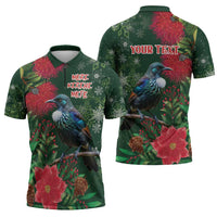 Tui Meri Kirihimete Personalised Zipper Polo Shirt Pohutukawa Flowers Green Motif - Polynesian Pride