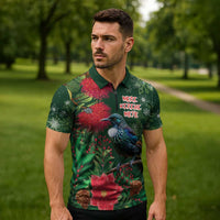 Tui Meri Kirihimete Personalised Zipper Polo Shirt Pohutukawa Flowers Green Motif - Polynesian Pride