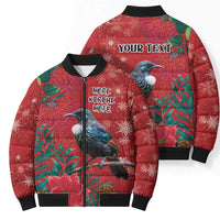 Tui Meri Kirihimete Personalised Bomber Puffer Jacket Pohutukawa Flowers Red Motif - Polynesian Pride