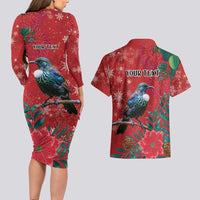 Tui Meri Kirihimete Personalised Couples Matching Long Sleeve Bodycon Dress and Hawaiian Shirt Pohutukawa Flowers Red Motif - Polynesian Pride