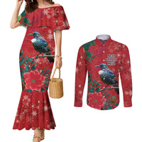 Tui Meri Kirihimete Personalised Couples Matching Mermaid Dress and Long Sleeve Button Shirt Pohutukawa Flowers Red Motif - Polynesian Pride