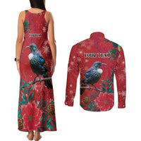 Tui Meri Kirihimete Personalised Couples Matching Tank Maxi Dress and Long Sleeve Button Shirt Pohutukawa Flowers Red Motif - Polynesian Pride