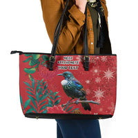 Tui Meri Kirihimete Personalised Leather Tote Bag Pohutukawa Flowers Red Motif - Polynesian Pride