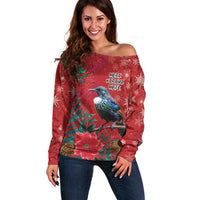 Tui Meri Kirihimete Personalised Off Shoulder Sweater Pohutukawa Flowers Red Motif - Polynesian Pride