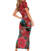 Tui Meri Kirihimete Personalised Short Sleeve Bodycon Dress Pohutukawa Flowers Red Motif - Polynesian Pride