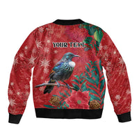 Tui Meri Kirihimete Personalised Sleeve Zip Bomber Jacket Pohutukawa Flowers Red Motif - Polynesian Pride