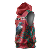 Tui Meri Kirihimete Personalised Sleeveless Hoodie Pohutukawa Flowers Red Motif - Polynesian Pride