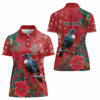 Tui Meri Kirihimete Personalised Women Polo Shirt Pohutukawa Flowers Red Motif - Polynesian Pride