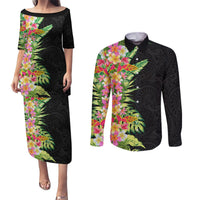 Hawaii Tropical Flowers Tribal Pattern Couples Matching Puletasi and Long Sleeve Button Shirt No1 LT9 Black - Polynesian Pride