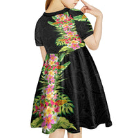 Hawaii Tropical Flowers Tribal Pattern Kid Short Sleeve Dress No1 LT9 - Polynesian Pride