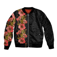Hawaii Tropical Flowers Tribal Pattern Sleeve Zip Bomber Jacket No4 LT9 Unisex Black - Polynesian Pride