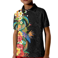 Hawaii Tropical Flowers Tribal Pattern Kid Polo Shirt No5 LT9 Kid Black - Polynesian Pride