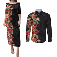 Hawaii Tropical Flowers Tribal Pattern Couples Matching Puletasi and Long Sleeve Button Shirt No6 LT9 Black - Polynesian Pride