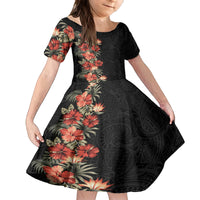 Hawaii Tropical Flowers Tribal Pattern Kid Short Sleeve Dress No6 LT9 KID Black - Polynesian Pride