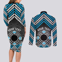 Personalised Aotearoa Niho Taniwha Motif Couples Matching Long Sleeve Bodycon Dress and Long Sleeve Button Shirt Blue Style LT9 - Polynesian Pride