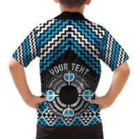 Personalised Aotearoa Niho Taniwha Motif Family Matching Off The Shoulder Long Sleeve Dress and Hawaiian Shirt Blue Style