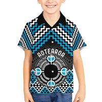 Personalised Aotearoa Niho Taniwha Motif Family Matching Off Shoulder Short Dress and Hawaiian Shirt Blue Style LT9 Son's Shirt Blue - Polynesian Pride
