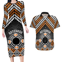 Personalised Aotearoa Niho Taniwha Motif Couples Matching Long Sleeve Bodycon Dress and Hawaiian Shirt Gold Style LT9 Gold - Polynesian Pride