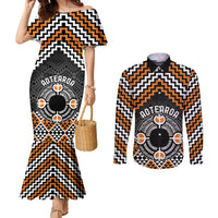 Personalised Aotearoa Niho Taniwha Motif Couples Matching Mermaid Dress and Long Sleeve Button Shirt Gold Style LT9 Gold - Polynesian Pride