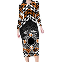 Personalised Aotearoa Niho Taniwha Motif Family Matching Long Sleeve Bodycon Dress and Hawaiian Shirt Gold Style LT9 Mom's Dress Gold - Polynesian Pride
