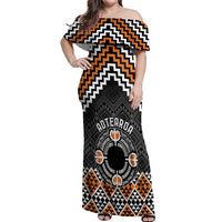 Personalised Aotearoa Niho Taniwha Motif Off Shoulder Maxi Dress Gold Style