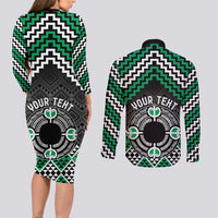 Personalised Aotearoa Niho Taniwha Motif Couples Matching Long Sleeve Bodycon Dress and Long Sleeve Button Shirt Green Style LT9 - Polynesian Pride