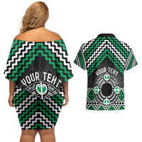 Personalised Aotearoa Niho Taniwha Motif Couples Matching Off Shoulder Short Dress and Hawaiian Shirt Green Style LT9 - Polynesian Pride