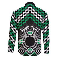 Personalised Aotearoa Niho Taniwha Motif Family Matching Off The Shoulder Long Sleeve Dress and Hawaiian Shirt Green Style