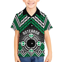 Personalised Aotearoa Niho Taniwha Motif Family Matching Off Shoulder Short Dress and Hawaiian Shirt Green Style