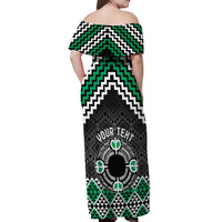 Personalised Aotearoa Niho Taniwha Motif Off Shoulder Maxi Dress Green Style