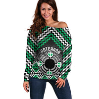 Personalised Aotearoa Niho Taniwha Motif Off Shoulder Sweater Green Style