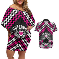 Personalised Aotearoa Niho Taniwha Motif Couples Matching Off Shoulder Short Dress and Hawaiian Shirt Pink Style LT9 Pink - Polynesian Pride