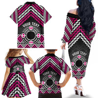 Personalised Aotearoa Niho Taniwha Motif Family Matching Off The Shoulder Long Sleeve Dress and Hawaiian Shirt Pink Style