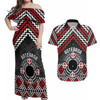 Personalised Aotearoa Niho Taniwha Motif Couples Matching Off Shoulder Maxi Dress and Hawaiian Shirt Red Style LT9 Red - Polynesian Pride