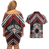 Personalised Aotearoa Niho Taniwha Motif Couples Matching Off Shoulder Short Dress and Hawaiian Shirt Red Style LT9 - Polynesian Pride