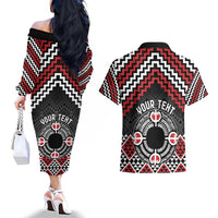 Personalised Aotearoa Niho Taniwha Motif Couples Matching Off The Shoulder Long Sleeve Dress and Hawaiian Shirt Red Style