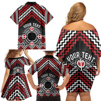 Personalised Aotearoa Niho Taniwha Motif Family Matching Off Shoulder Short Dress and Hawaiian Shirt Red Style LT9 - Polynesian Pride