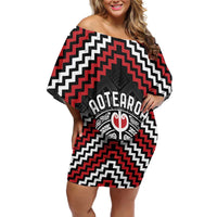 Personalised Aotearoa Niho Taniwha Motif Family Matching Off Shoulder Short Dress and Hawaiian Shirt Red Style LT9 Mom's Dress Red - Polynesian Pride