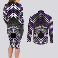 Personalised Aotearoa Niho Taniwha Motif Couples Matching Long Sleeve Bodycon Dress and Long Sleeve Button Shirt Violet Style LT9 - Polynesian Pride