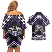 Personalised Aotearoa Niho Taniwha Motif Couples Matching Off Shoulder Short Dress and Hawaiian Shirt Violet Style LT9 - Polynesian Pride