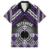 Personalised Aotearoa Niho Taniwha Motif Family Matching Off The Shoulder Long Sleeve Dress and Hawaiian Shirt Violet Style
