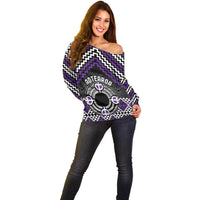 Personalised Aotearoa Niho Taniwha Motif Off Shoulder Sweater Violet Style