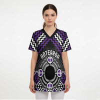 Personalised Aotearoa Niho Taniwha Motif Scrub Top Violet Style - Polynesian Pride