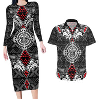 Black Aotearoa Tanilo Motif Couples Matching Long Sleeve Bodycon Dress and Hawaiian Shirt Vintage Maori New Zealand Tribal Art Pattern LT9 Black - Polynesian Pride