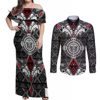 Black Aotearoa Tanilo Motif Couples Matching Off Shoulder Maxi Dress and Long Sleeve Button Shirt Vintage Maori New Zealand Tribal Art Pattern