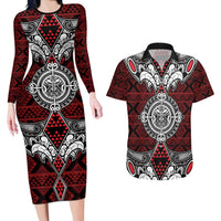 Red Aotearoa Tanilo Motif Couples Matching Long Sleeve Bodycon Dress and Hawaiian Shirt Vintage Maori New Zealand Tribal Art Pattern LT9 Red - Polynesian Pride
