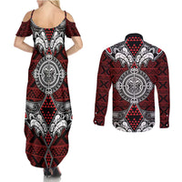Red Aotearoa Tanilo Motif Couples Matching Summer Maxi Dress and Long Sleeve Button Shirt Vintage Maori New Zealand Tribal Art Pattern