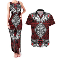 Red Aotearoa Tanilo Motif Couples Matching Tank Maxi Dress and Hawaiian Shirt Vintage Maori New Zealand Tribal Art Pattern LT9 Red - Polynesian Pride