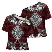 Red Aotearoa Taniko Motif Cross Shoulder Shirt Vintage Maori New Zealand Tribal Art Pattern - Polynesian Pride